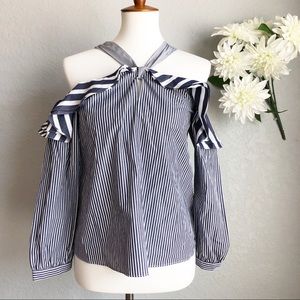 J. Crew Pin Striped Cold Shoulder Blouse